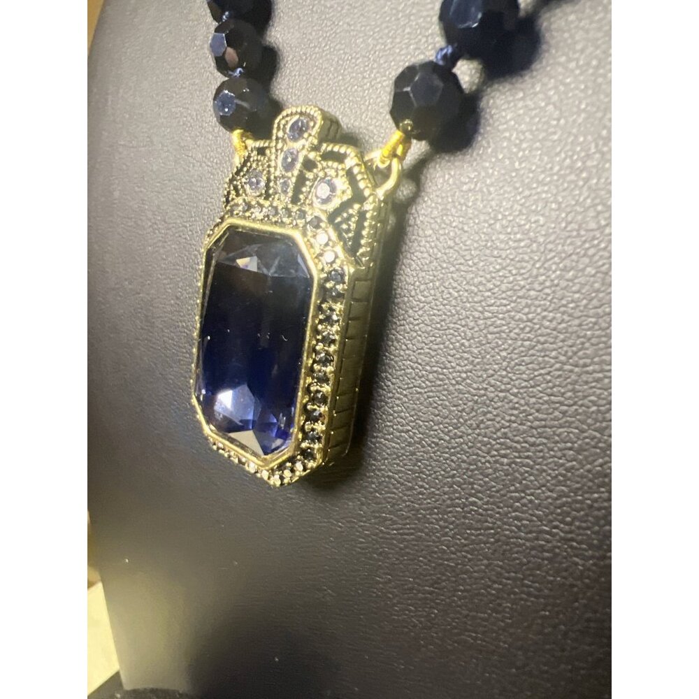 Vintage Style Gold & Blue-Blacl Crystal Necklace & Ring Set With Faceted Beads - - Picture 8 of 13